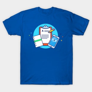 Clipboard, Note Book, Paper, Pencil, And Hand Phone Cartoon T-Shirt